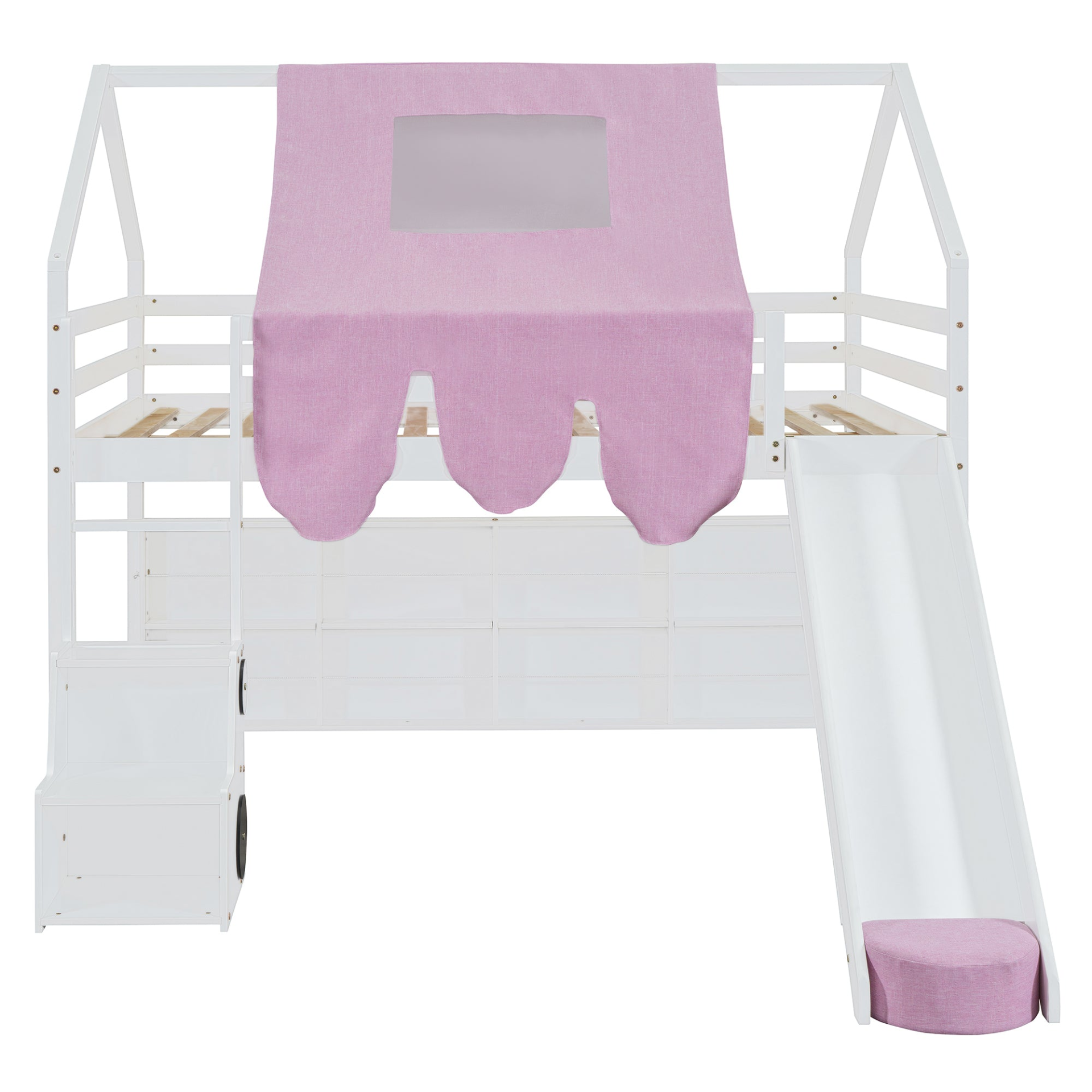 Wooden loft bed with house-shaped frame and play tent for kids&
