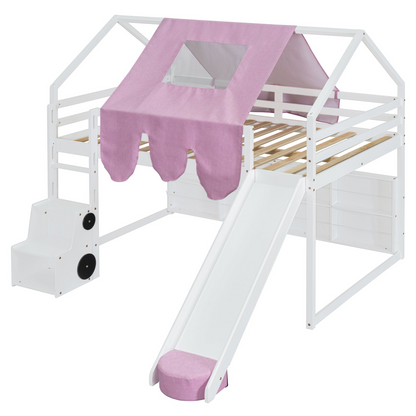 Start2Finish wooden loft bed with house-shaped frame and play tent, ideal for kids&