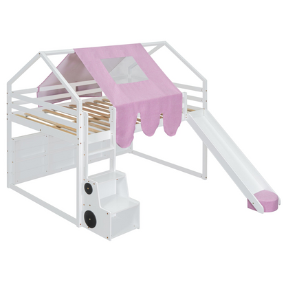 Wooden loft bed with house-shaped frame and play tent for kids&