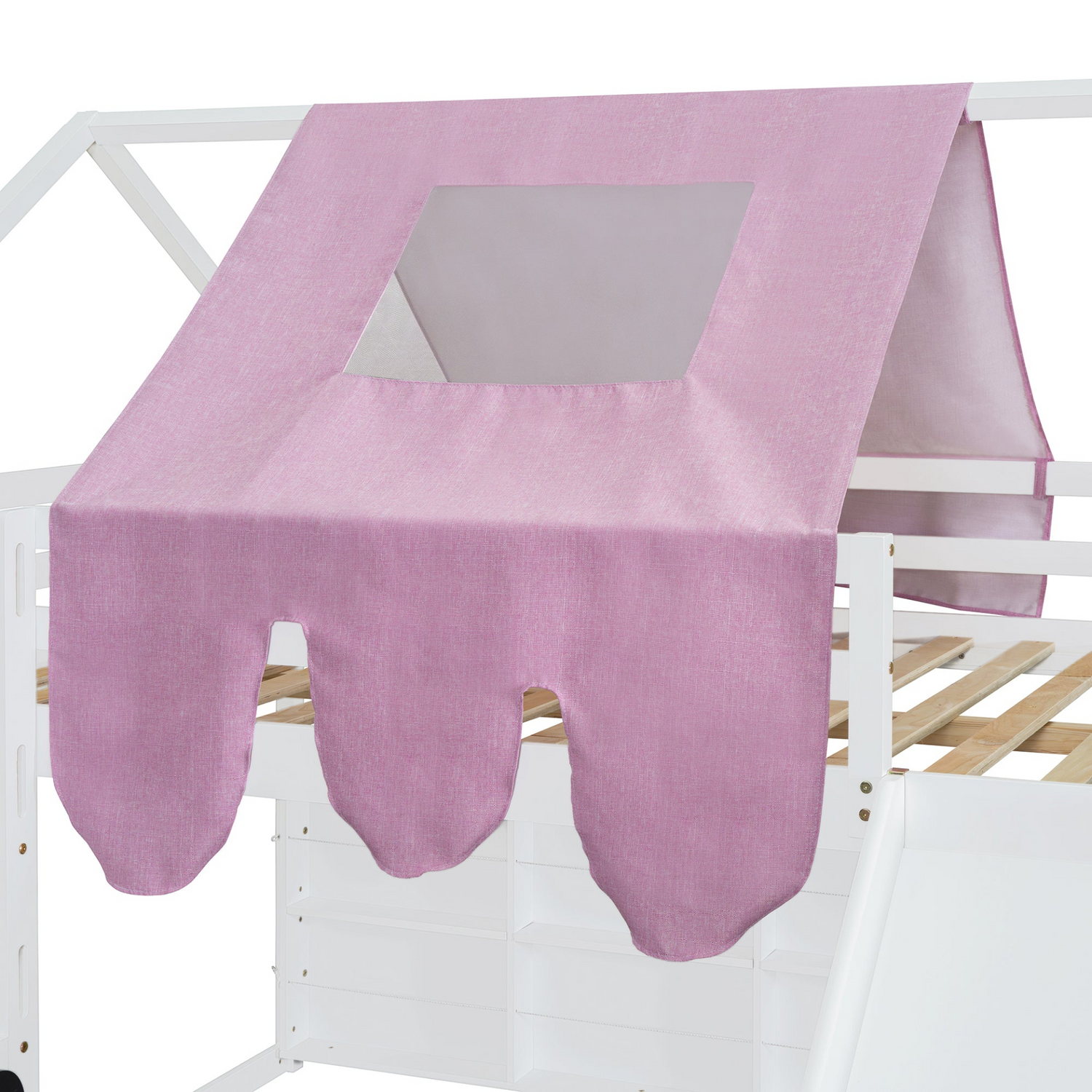 Wooden loft bed with house-shaped frame and colorful play tent, ideal for kids&