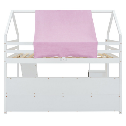 Wooden loft bed with house-shaped frame and play tent from Start2Finish, ideal for kids&