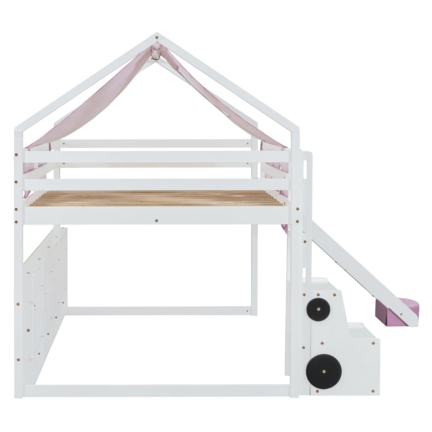 Wooden loft bed with house-shaped frame and play tent for kids&