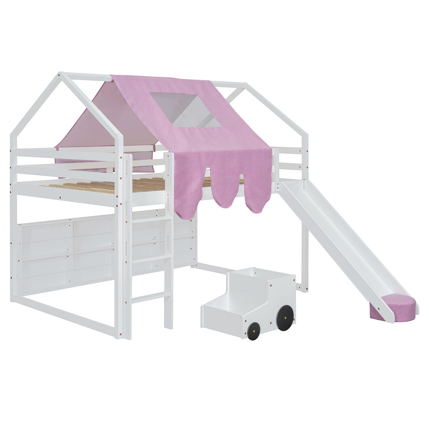 Wooden loft bed with house-shaped frame and play tent for kids&