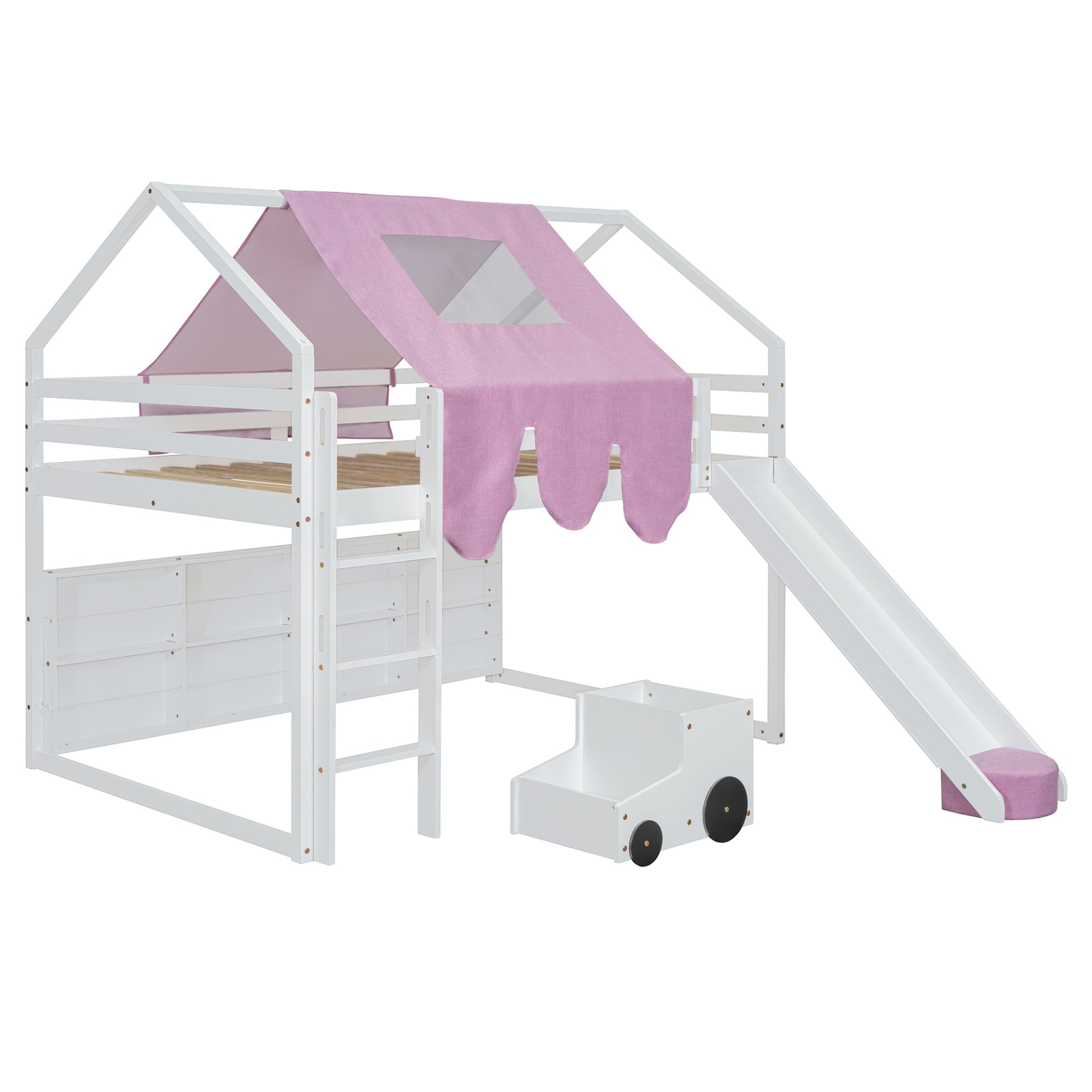 Wooden loft bed with house-shaped frame and play tent for kids&
