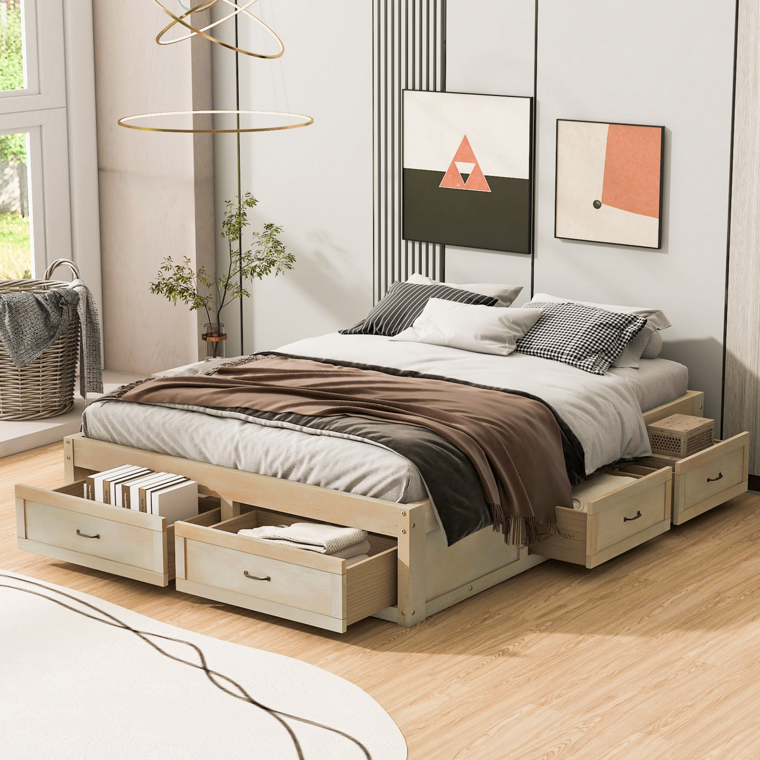 Antique-inspired platform bed with built-in storage drawers, featuring a sturdy wooden design and elegant finish.