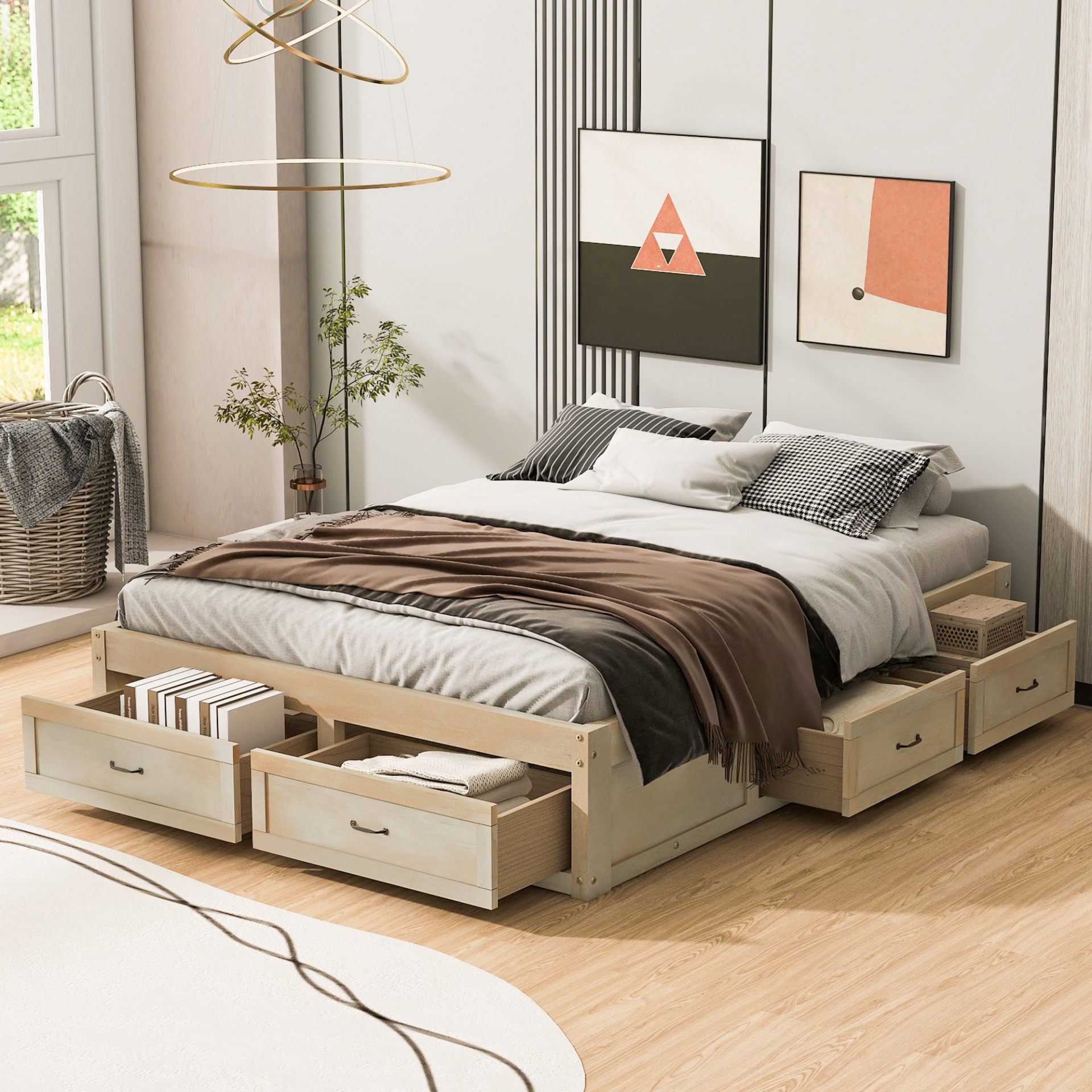 Antique-inspired platform bed with built-in storage drawers, featuring a sturdy wooden design and elegant finish.