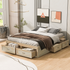 Antique-inspired platform bed with built-in storage drawers, featuring a sturdy wooden design and elegant finish.