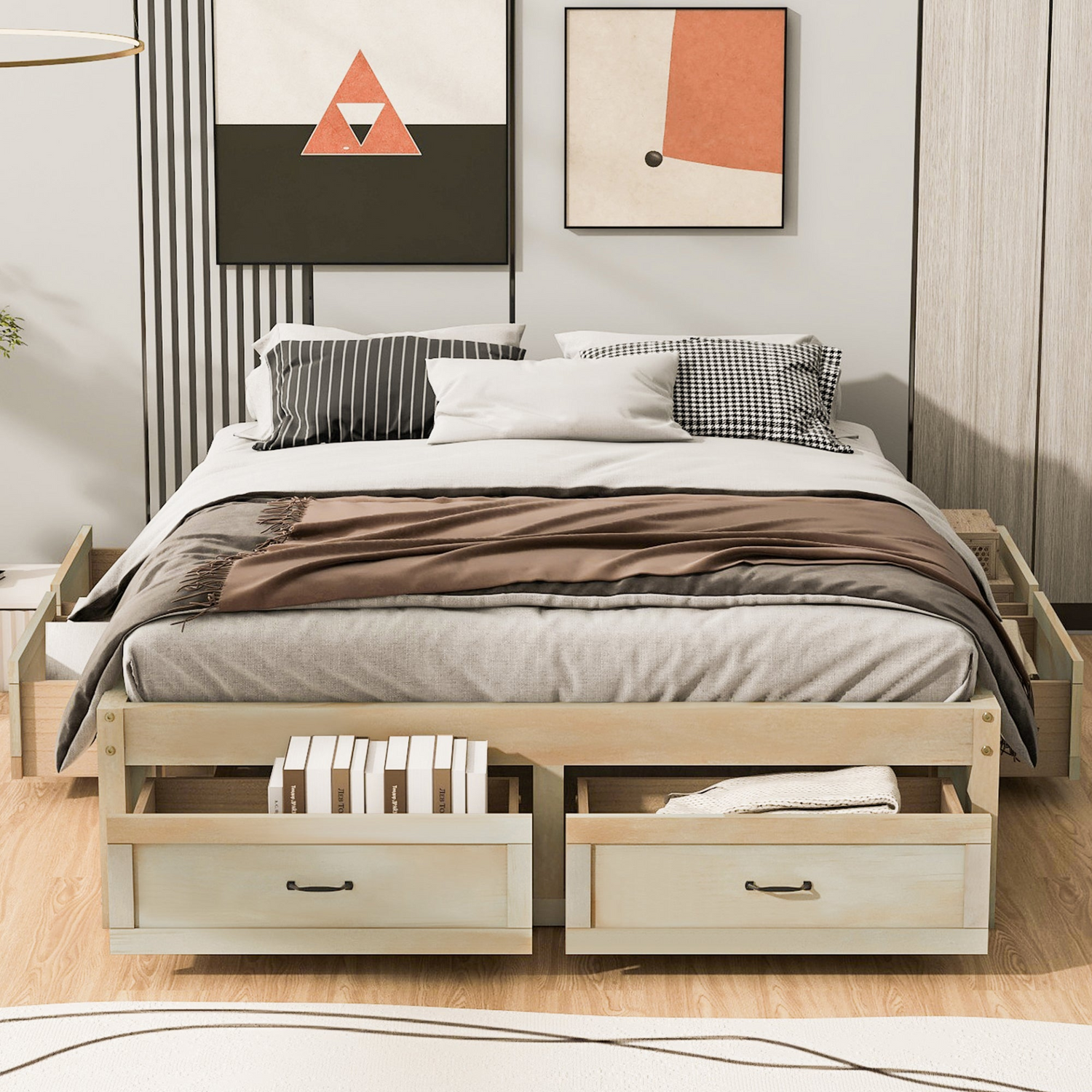Start2Finish platform bed with antique-inspired design and built-in storage drawers, showcasing the stylish and functional bedroom furniture.