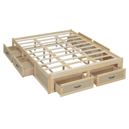 Start2Finish platform bed with antique-inspired design and built-in storage drawers for functional bedroom organization.