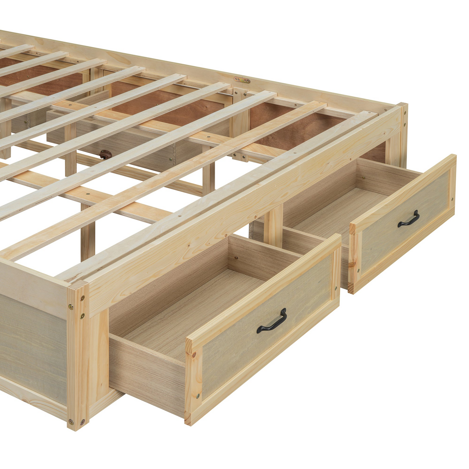 Start2Finish platform bed with antique-inspired design and built-in storage drawers, showcasing its elegant wooden frame and storage features.