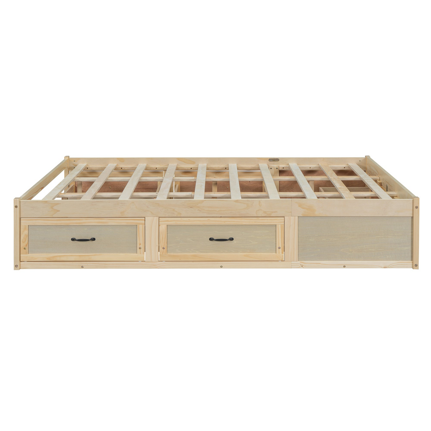 Start2Finish platform bed with antique-inspired design and built-in storage drawers for space-saving bedroom organization.