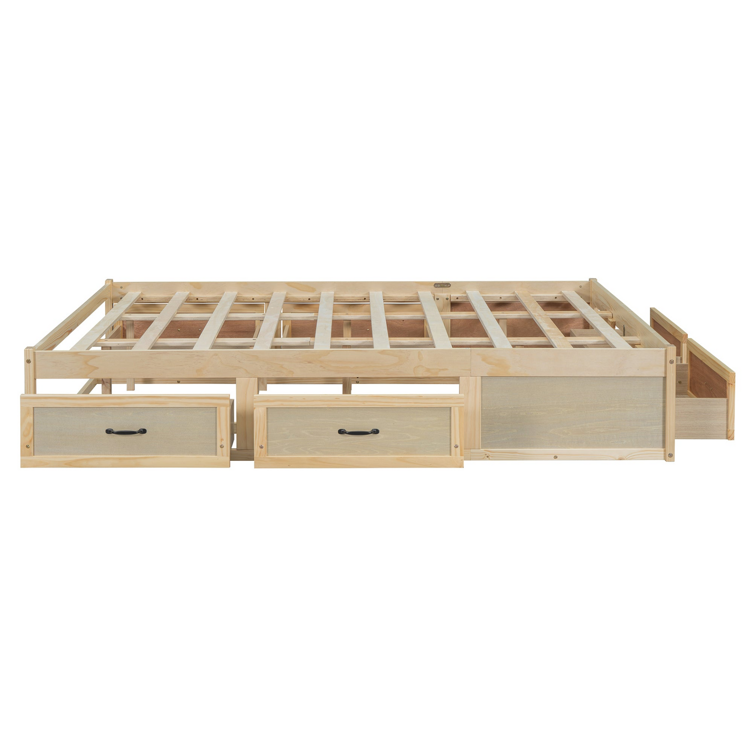 Start2Finish platform bed with storage drawers, antique-inspired design and built-in storage solution for bedroom organization.