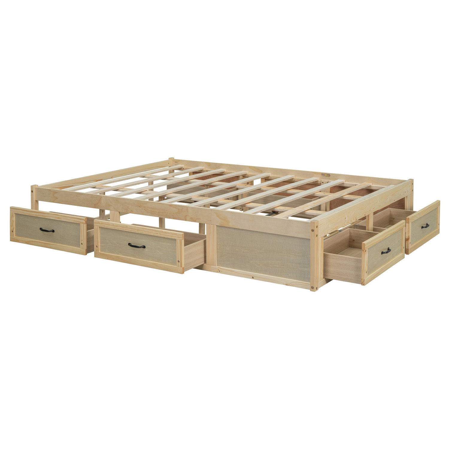 Start2Finish platform bed with antique-inspired design and built-in storage drawers for space-saving bedroom organization.