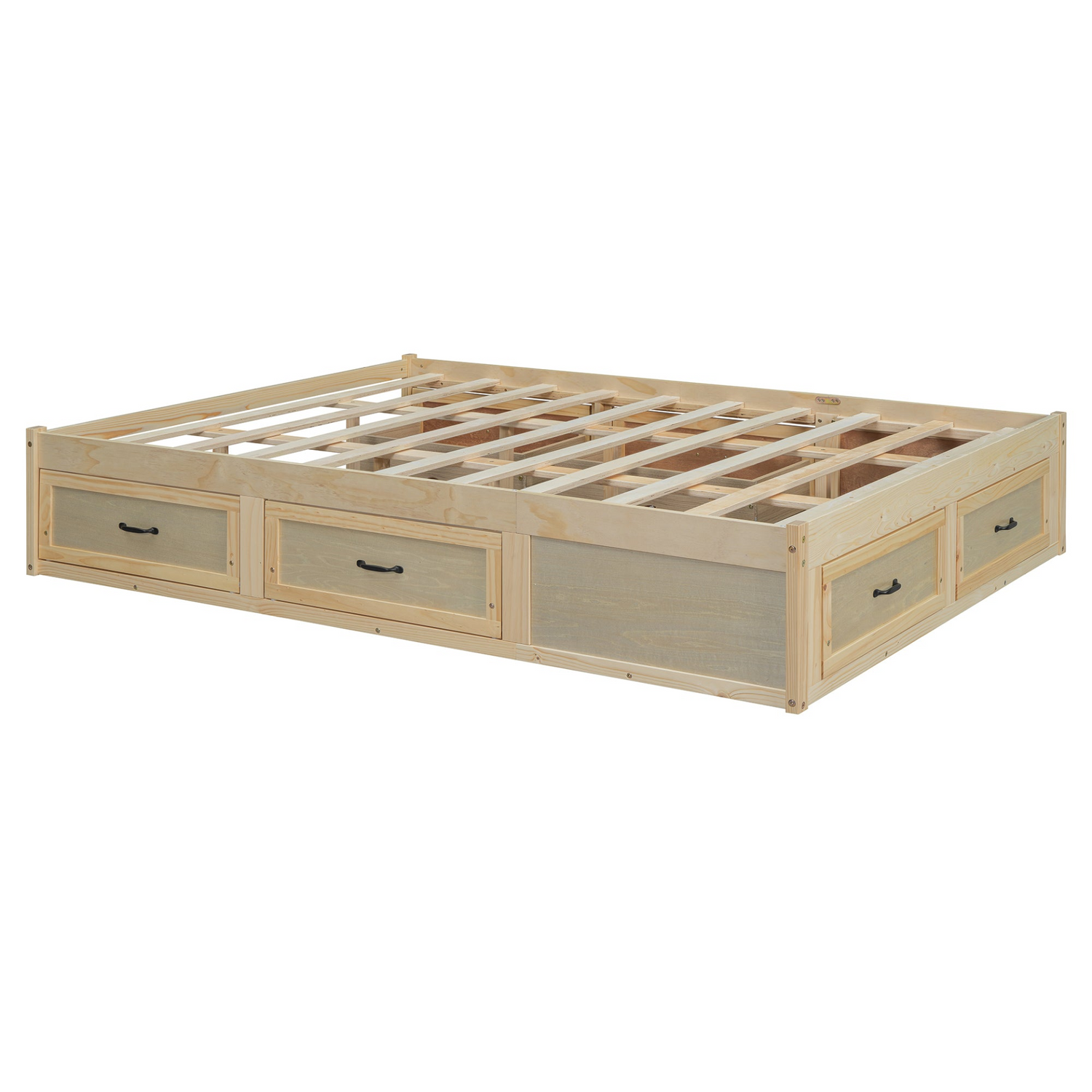 Start2Finish platform bed with antique-inspired design and built-in storage drawers, showcasing the headboard and storage compartments.