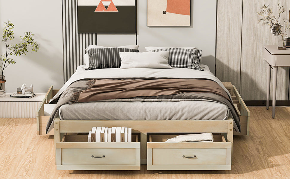 Start2Finish platform bed with antique-inspired design and built-in storage drawers, showcasing the sleek wooden frame and storage compartments.
