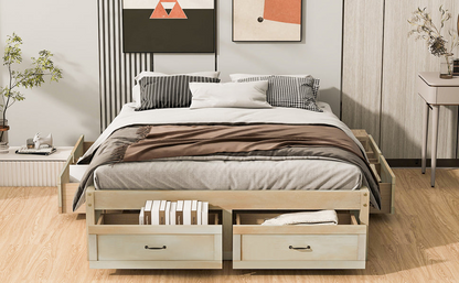 Start2Finish platform bed with antique-inspired design and built-in storage drawers, showcasing the sleek wooden frame and storage compartments.