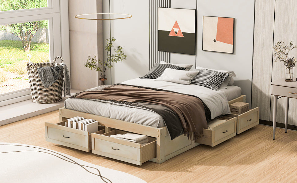 Start2Finish platform bed with antique-inspired design and built-in storage drawers showing a sturdy wooden frame and integrated storage.