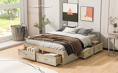 Start2Finish platform bed with antique-inspired design and built-in storage drawers showing a sturdy wooden frame and integrated storage.