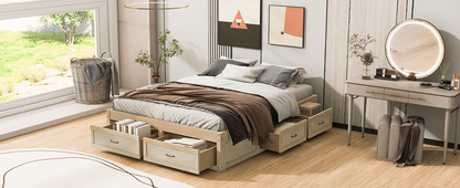 Start2Finish platform bed with antique-inspired design and built-in storage drawers, showcasing a stylish and functional bedroom furniture piece.