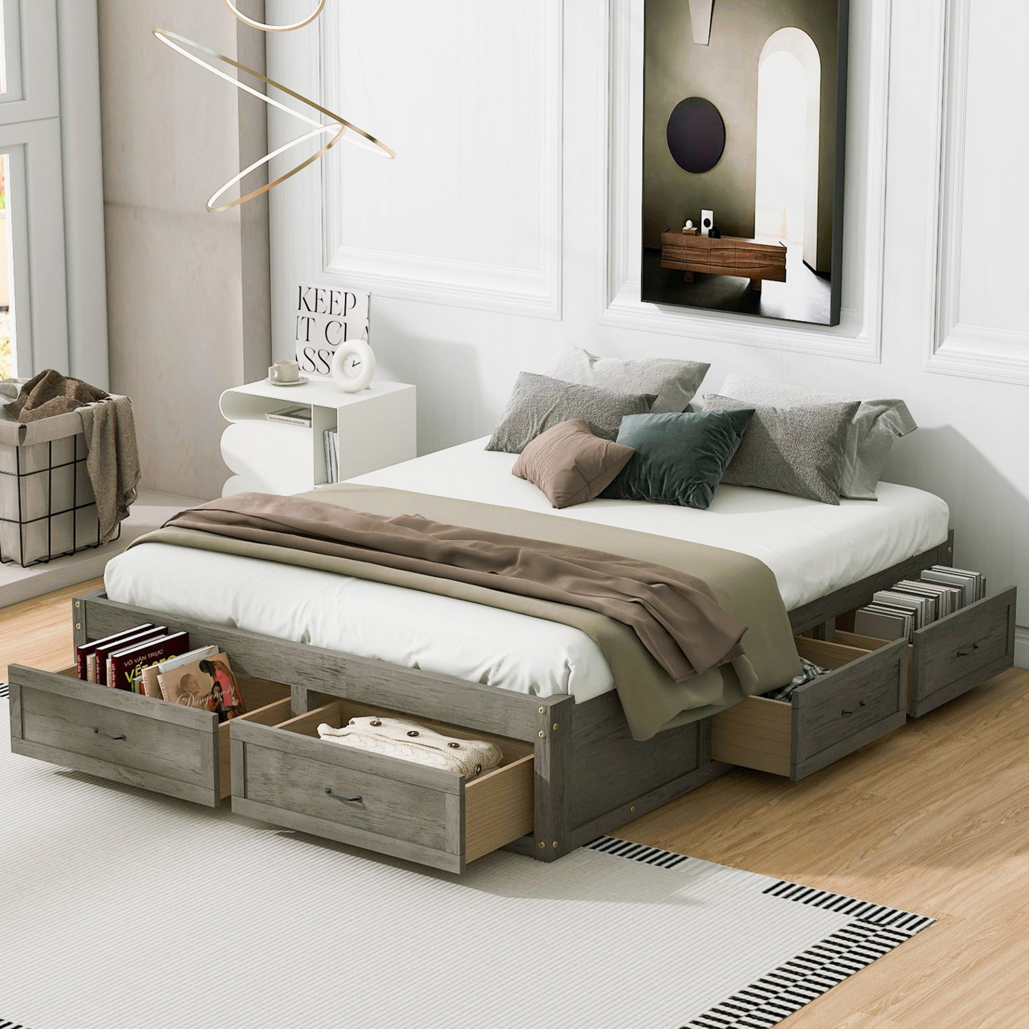 Start2Finish platform bed with antique-inspired design and built-in storage drawers for convenient bedroom organization.