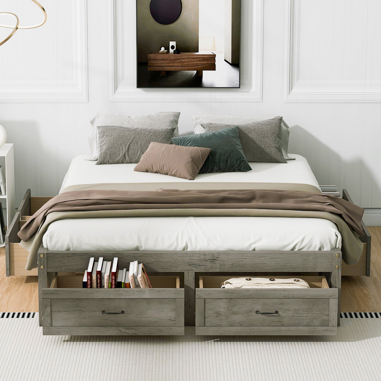Start2Finish platform bed with antique-inspired design and built-in storage drawers, showcasing the elegant frame and storage compartments.