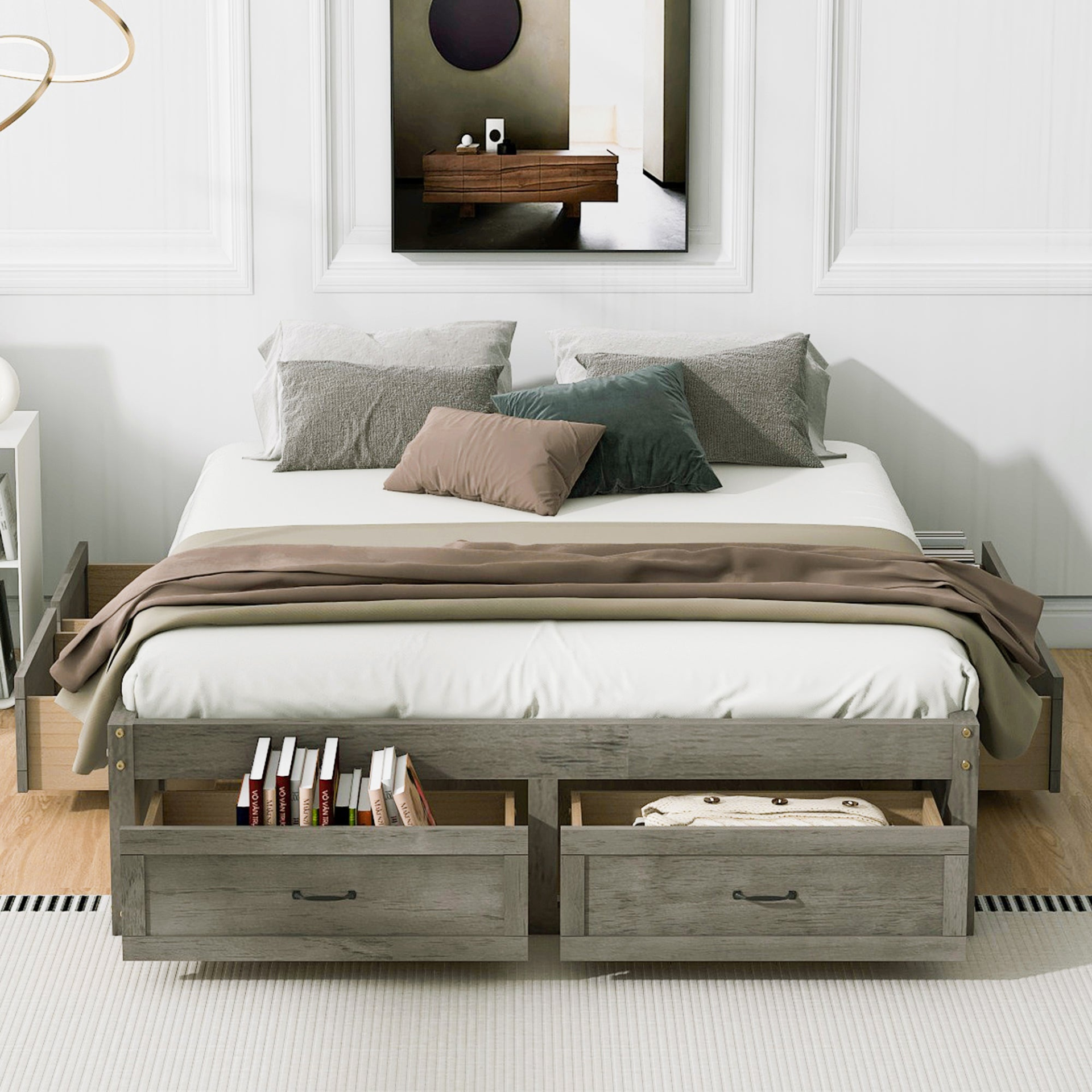 Start2Finish platform bed with antique-inspired design and built-in storage drawers, showcasing the elegant frame and storage compartments.