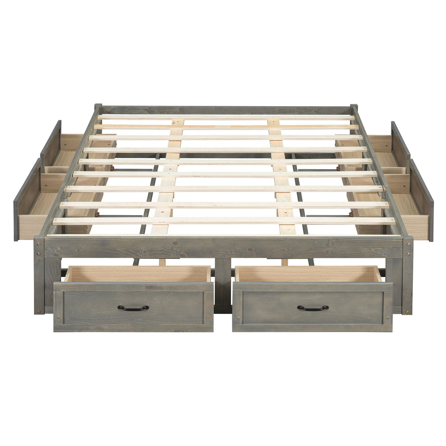 Start2Finish platform bed with antique-inspired design and built-in storage drawers, showcasing a stylish and functional bedroom furniture piece.