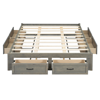 Start2Finish platform bed with antique-inspired design and built-in storage drawers, showcasing a stylish and functional bedroom furniture piece.
