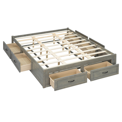 Start2Finish platform bed with antique-inspired design and built-in storage drawers, showcasing a sturdy wooden frame and spacious storage.