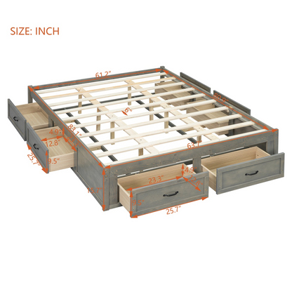 Start2Finish platform bed with antique-inspired design and built-in storage drawers for stylish bedroom organization.