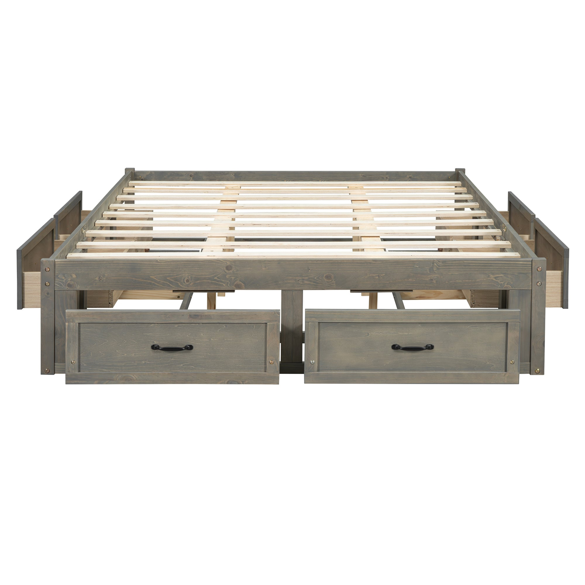 Start2Finish platform bed with antique-inspired design featuring built-in storage drawers and a sturdy frame.