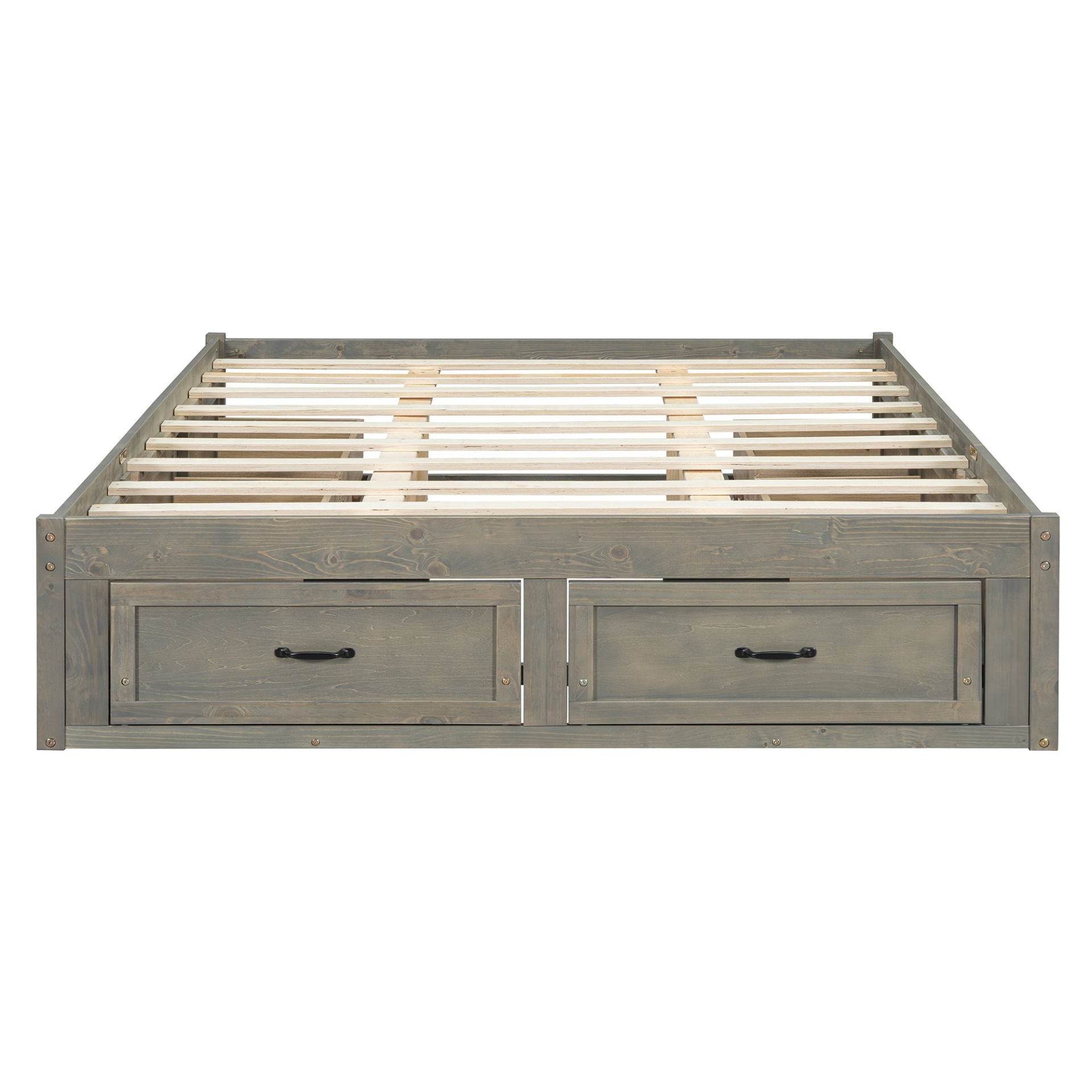 Start2Finish platform bed with antique-inspired design and built-in storage drawers, showcasing the bed frame and storage features.