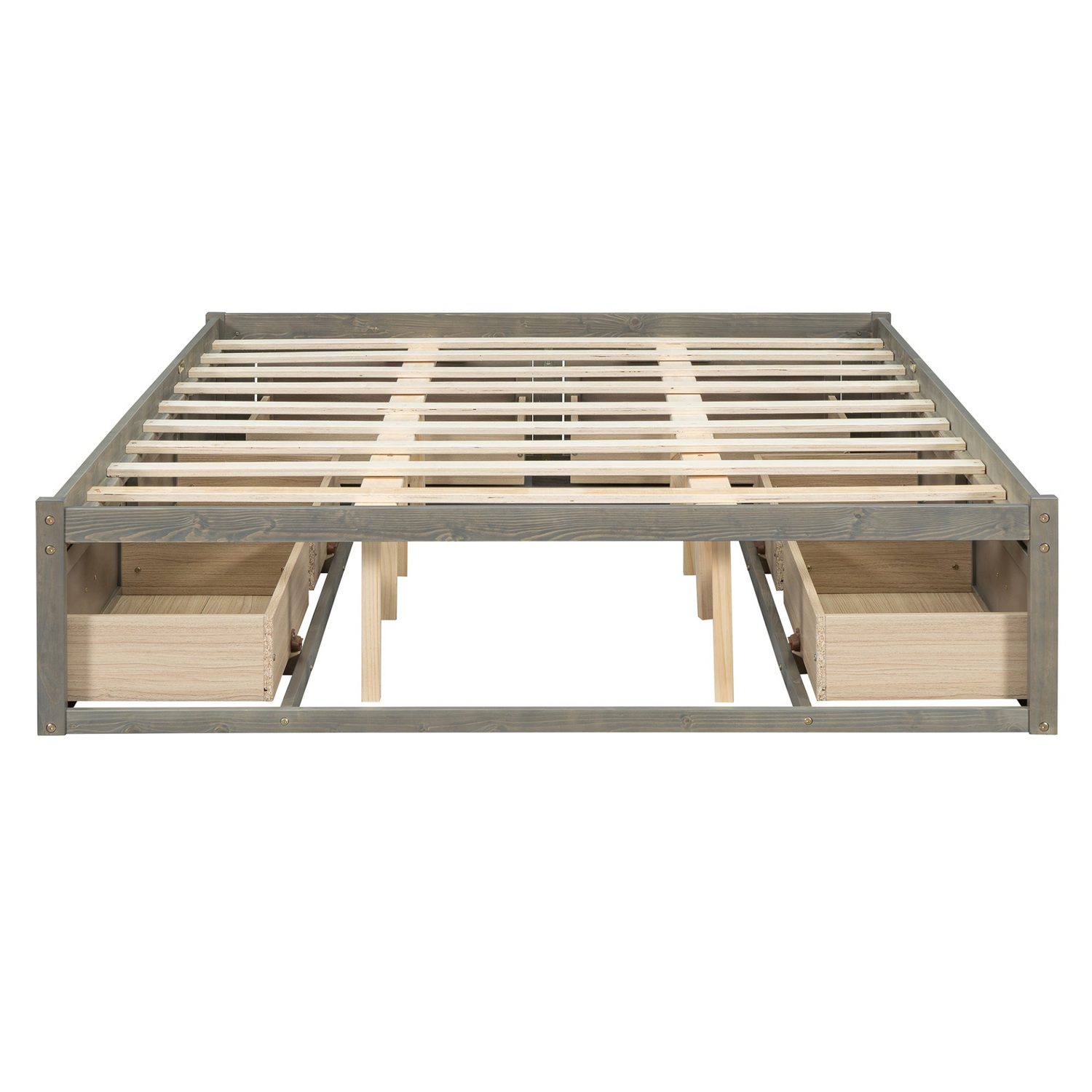Start2Finish platform bed with antique-inspired design and built-in storage drawers, showcasing a sleek, stylish bedroom furniture piece.