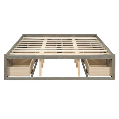 Start2Finish platform bed with antique-inspired design and built-in storage drawers, showcasing a sleek, stylish bedroom furniture piece.