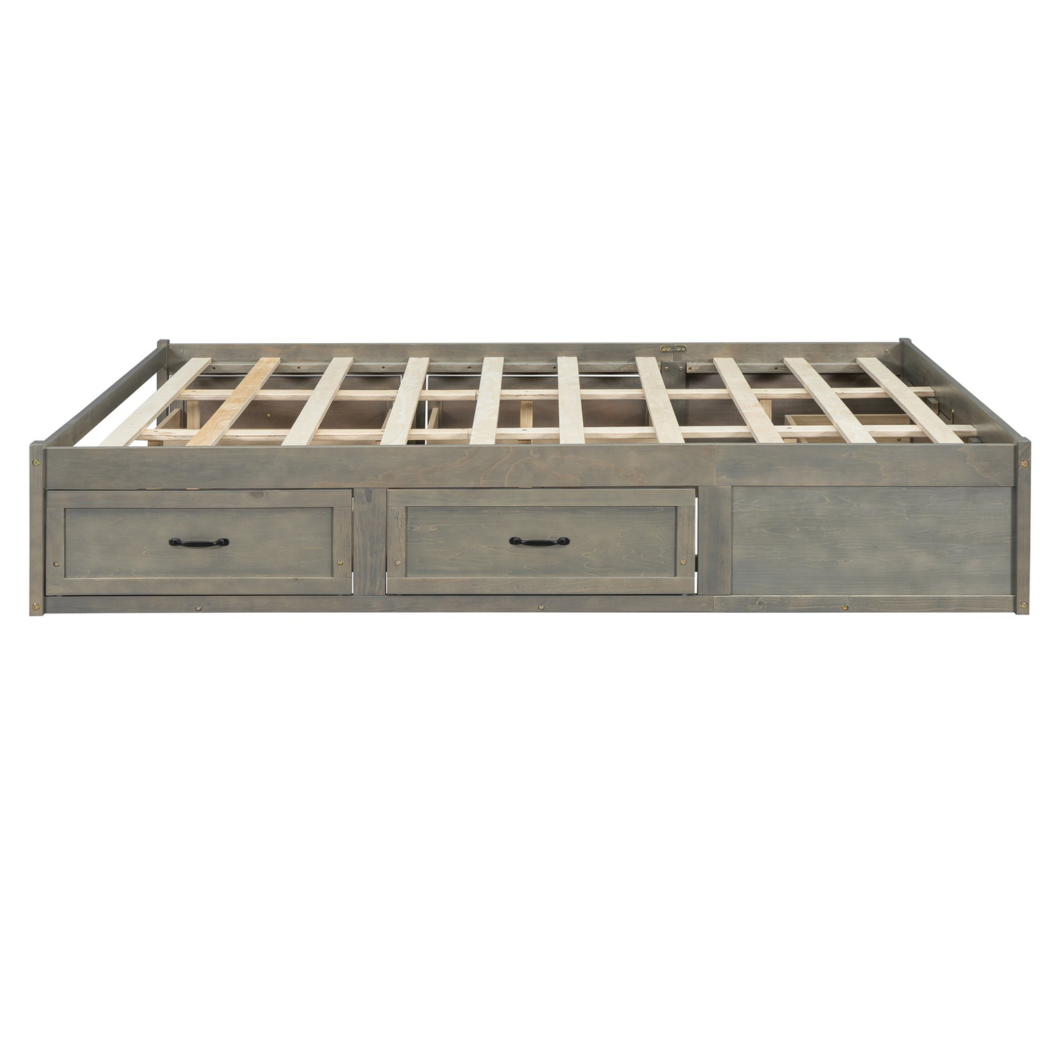 Start2Finish platform bed with antique-inspired design and built-in storage drawers, showcasing the sleek, storage-efficient furniture.