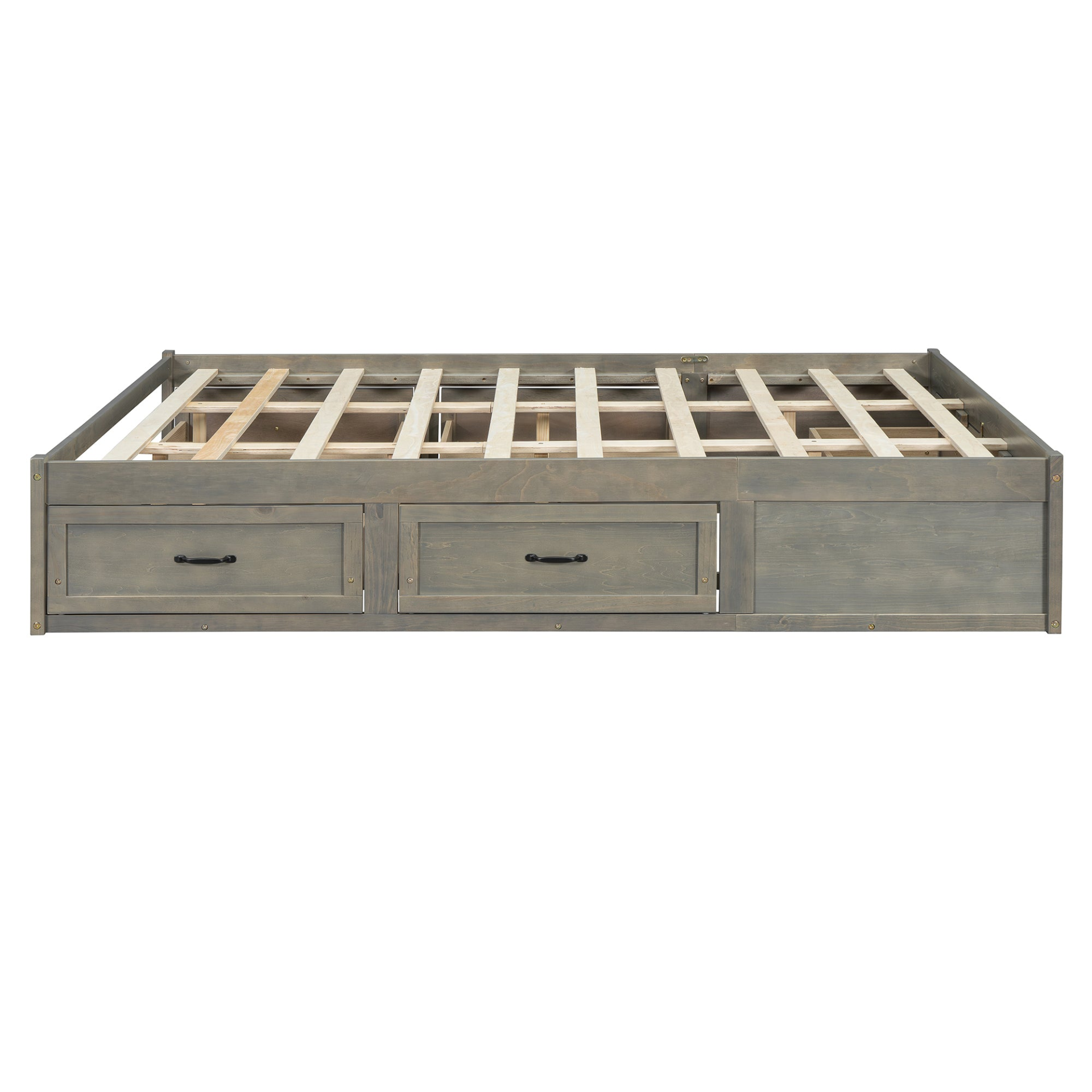 Start2Finish platform bed with antique-inspired design and built-in storage drawers, showcasing the sleek, storage-efficient furniture.