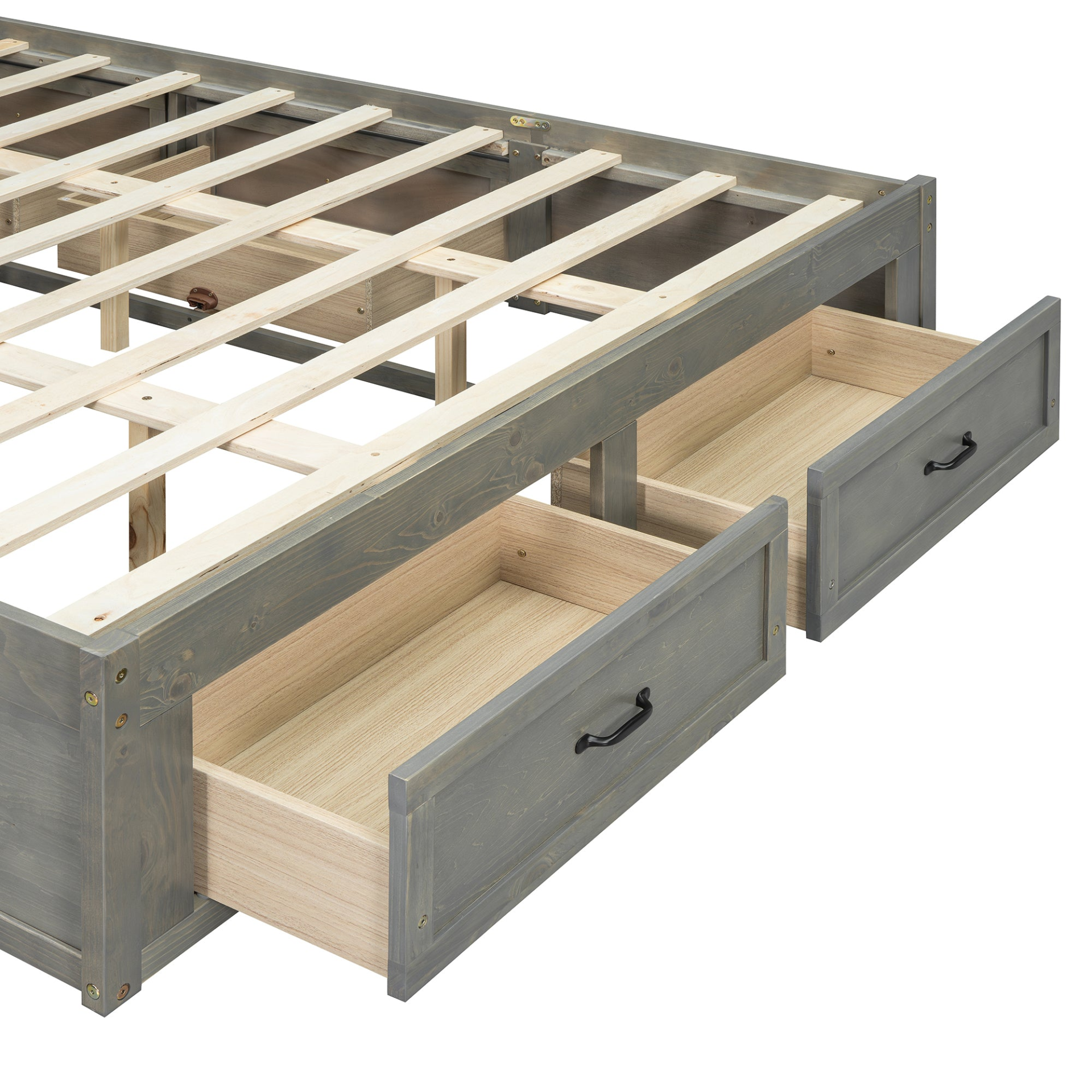 Start2Finish platform bed with antique-inspired design and built-in storage drawers, showing the headboard and storage compartments.