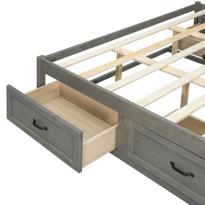Start2Finish platform bed with antique-inspired design and built-in storage drawers, showcasing a sturdy frame and elegant style.
