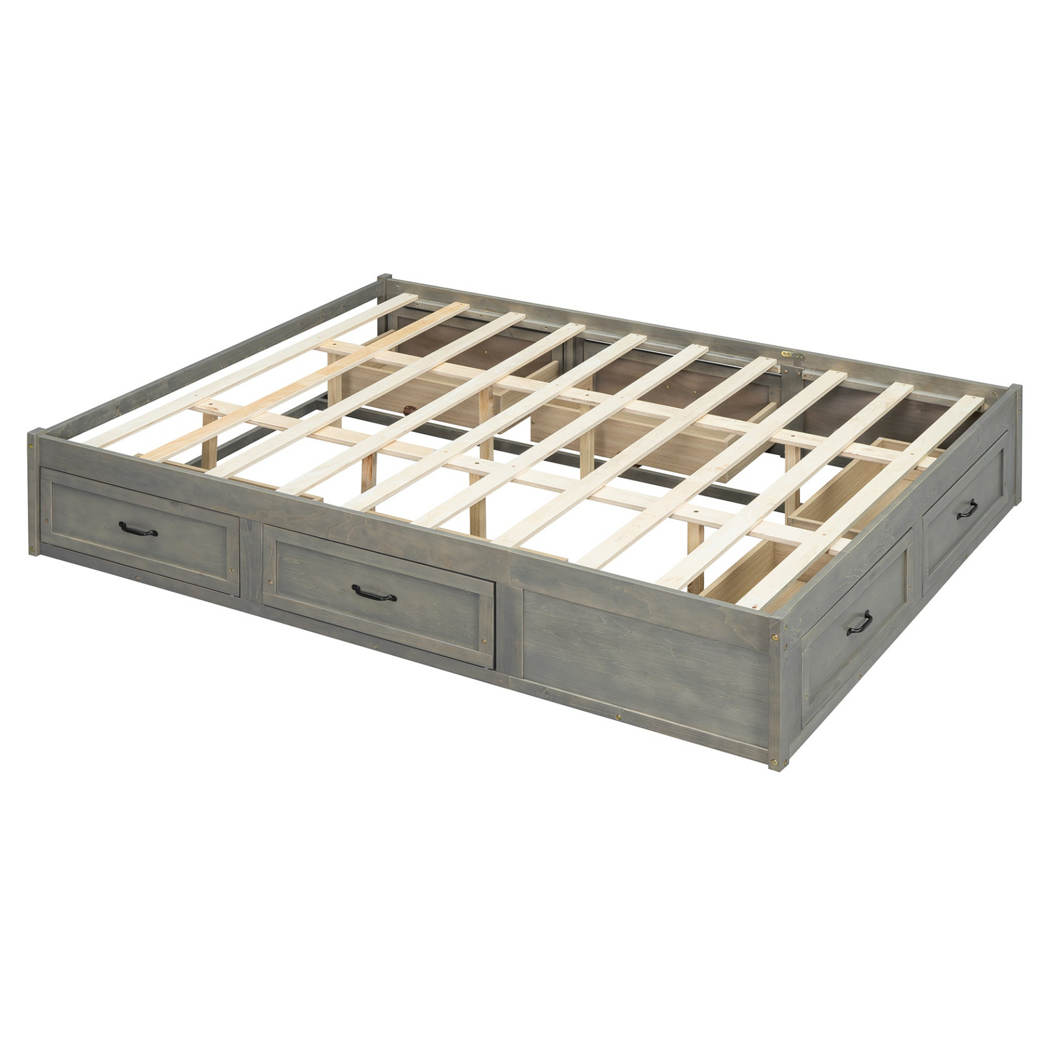 Antique-inspired platform bed with built-in storage drawers from Start2Finish, showcasing storage compartments and classic design.