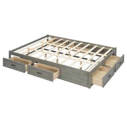Antique-inspired platform bed with built-in storage drawers by Start2Finish, featuring a stylish design and functional storage space.