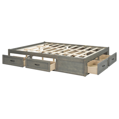 Start2Finish antique-inspired platform bed with built-in storage drawers and elegant design, showcasing the storage compartments and bed frame.