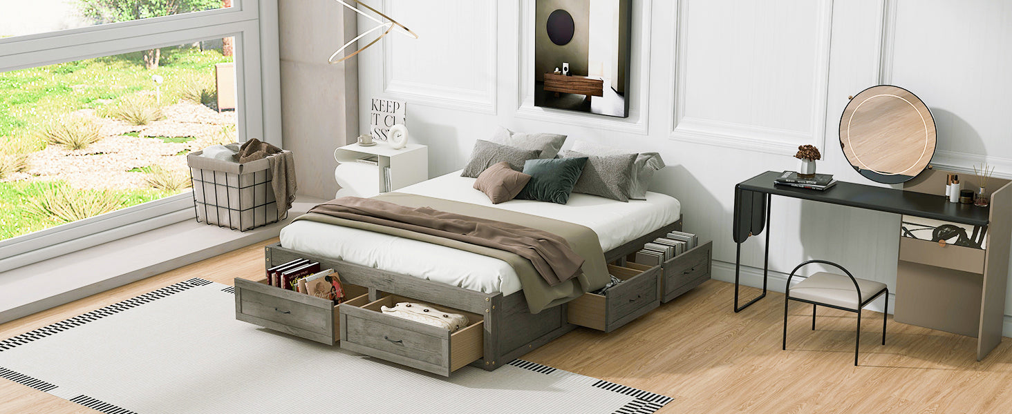 Start2Finish antique-inspired platform bed with built-in storage drawers and elegant design, featuring a sturdy frame and decorative details.