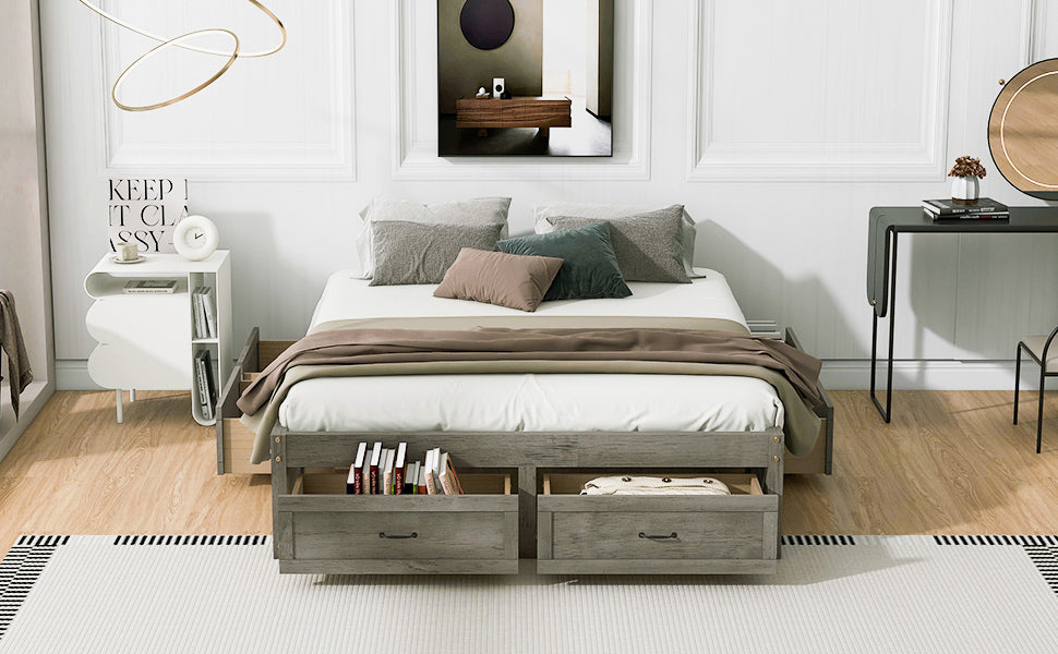 Start2Finish platform bed with antique-inspired design and built-in storage drawers for efficient bedroom organization.