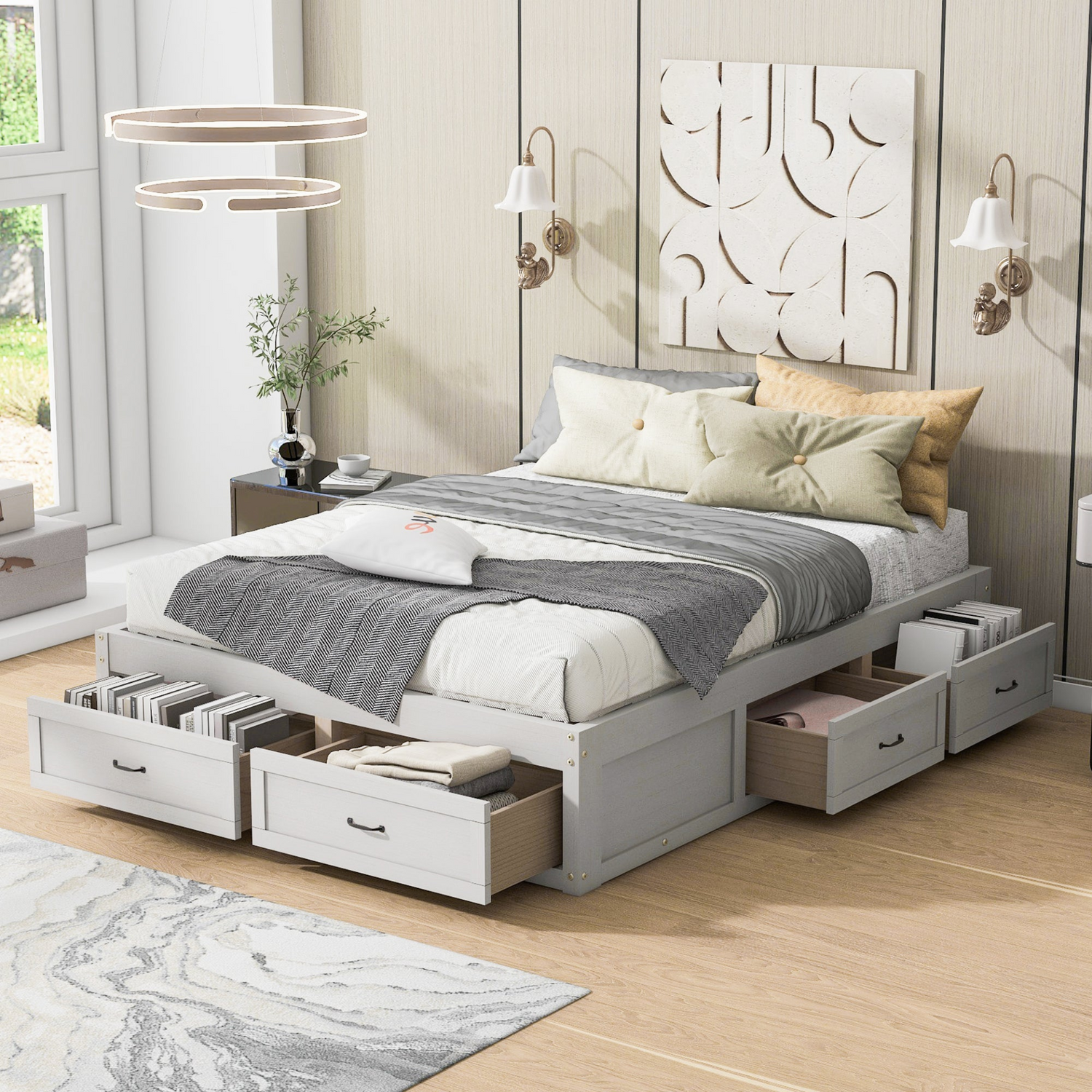 Start2Finish platform bed with antique-inspired design and built-in storage drawers, showcasing a sturdy wooden frame and storage space.