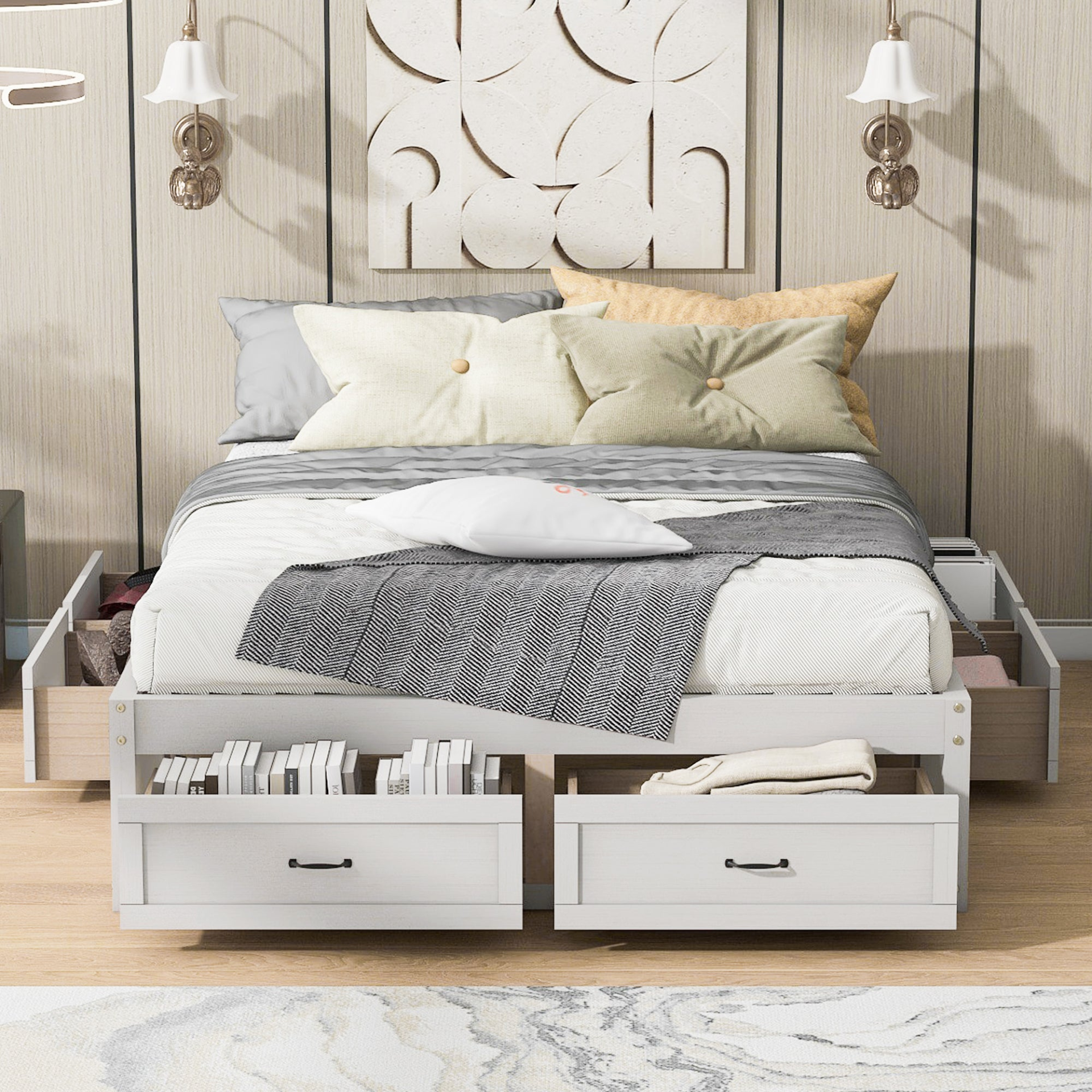 Start2Finish platform bed with antique-inspired design and built-in storage drawers, showcasing a sturdy frame and stylish storage solution.