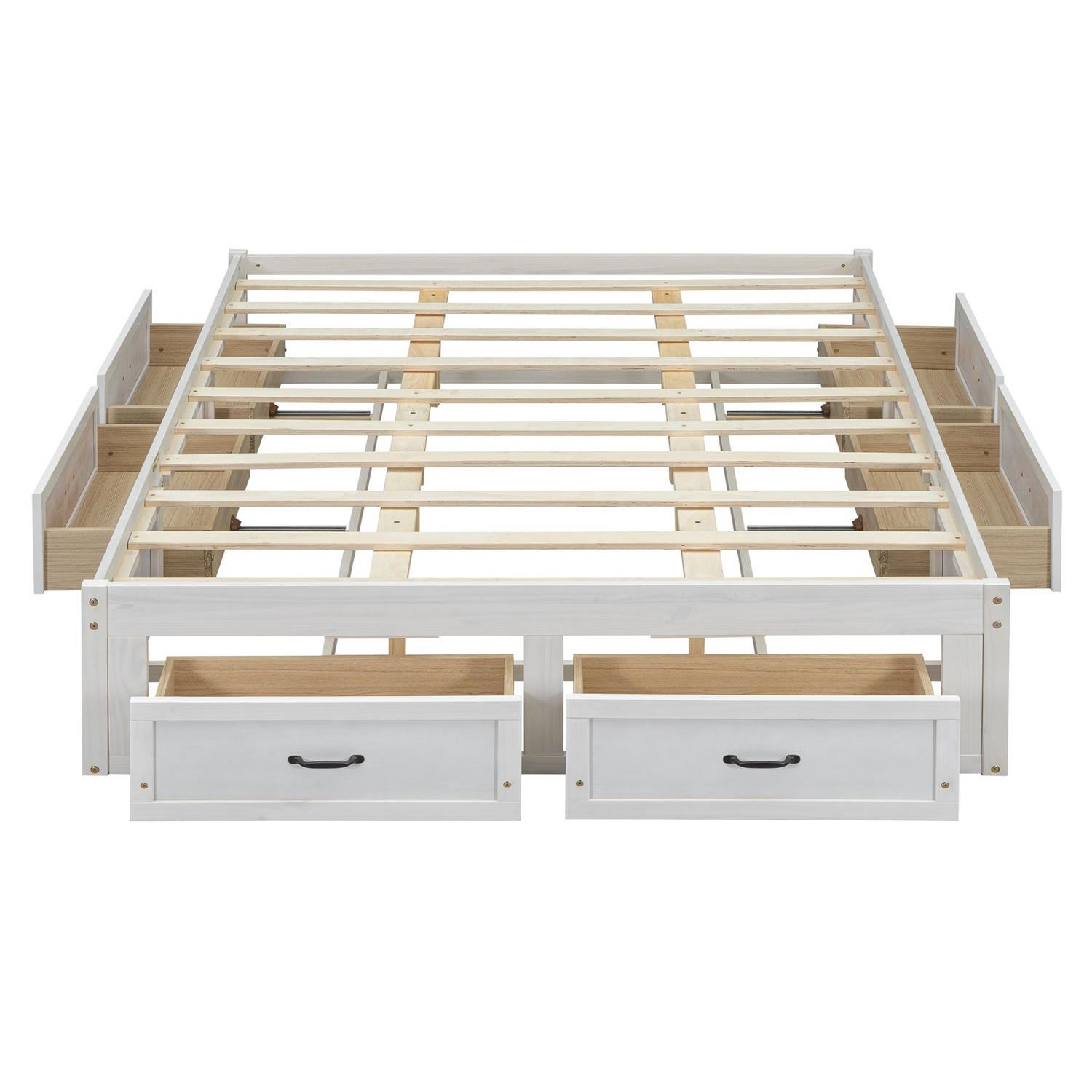 Start2Finish platform bed with antique-inspired design and built-in storage drawers, showcasing a stylish and functional bedroom furniture piece.