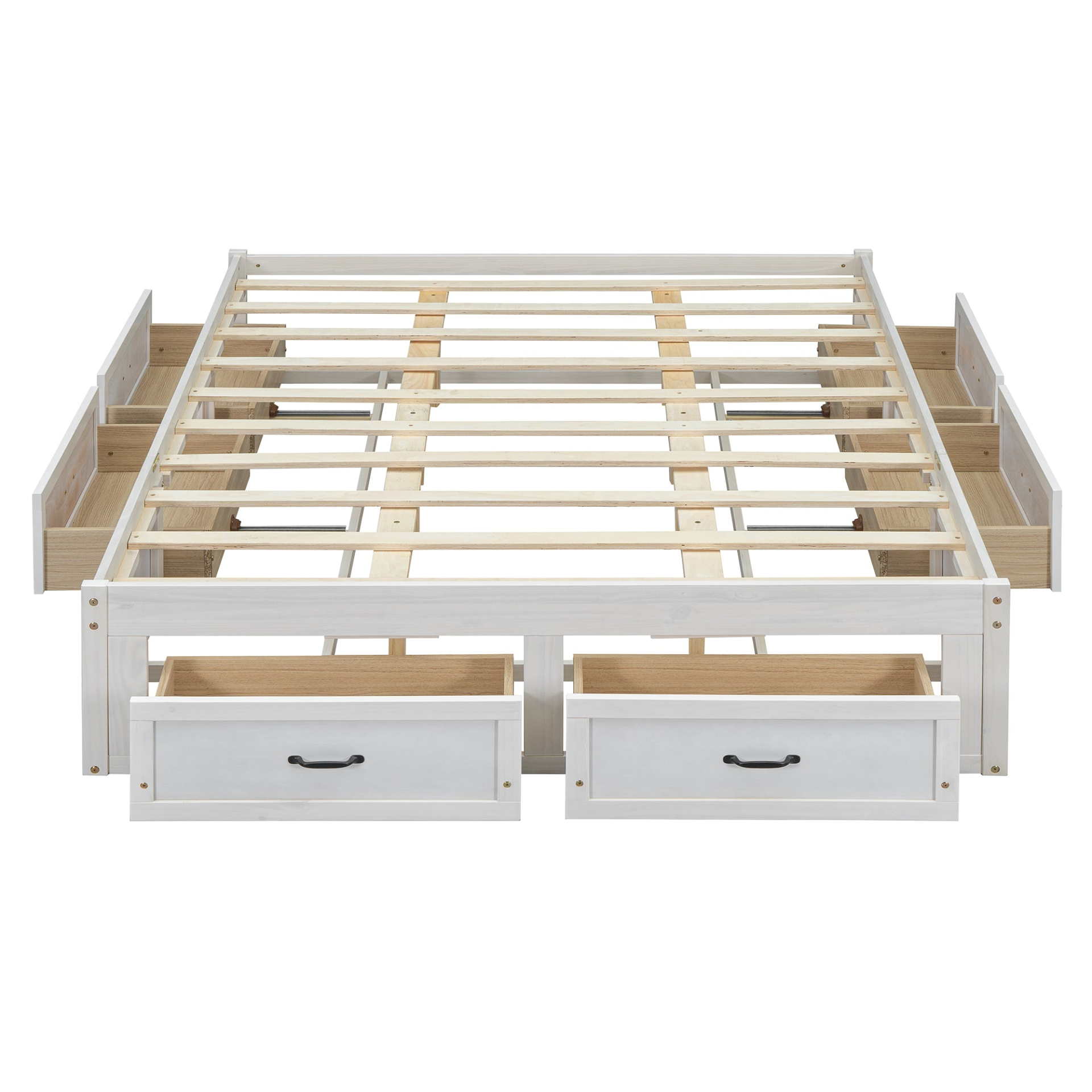 Start2Finish platform bed with antique-inspired design and built-in storage drawers, showcasing a stylish and functional bedroom furniture piece.