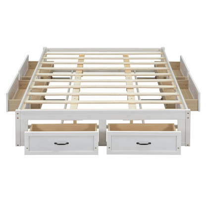 Start2Finish platform bed with antique-inspired design and built-in storage drawers, showcasing a stylish and functional bedroom furniture piece.