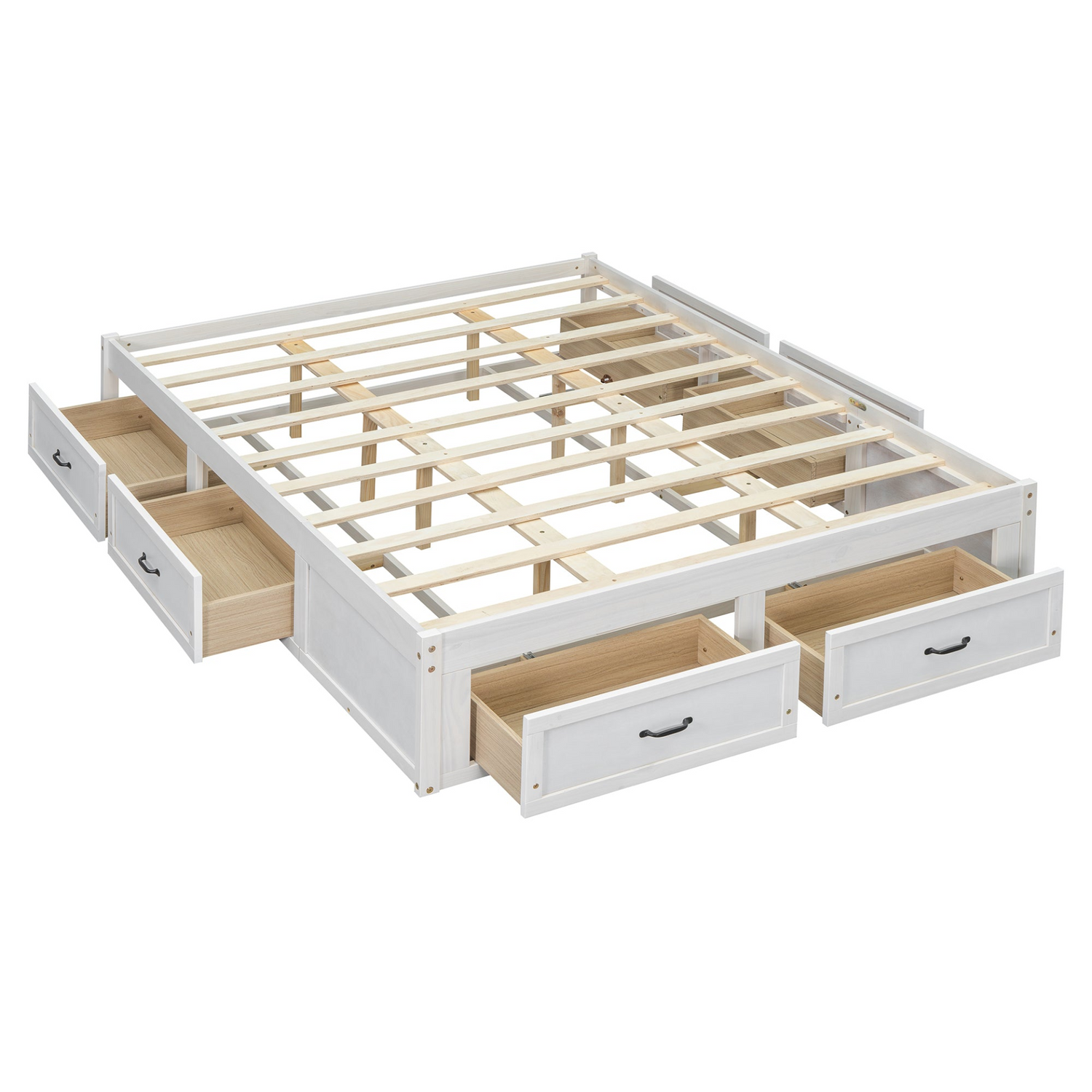 Start2Finish platform bed with antique-inspired design and built-in storage drawers, showcasing a stylish and functional bedroom furniture piece.