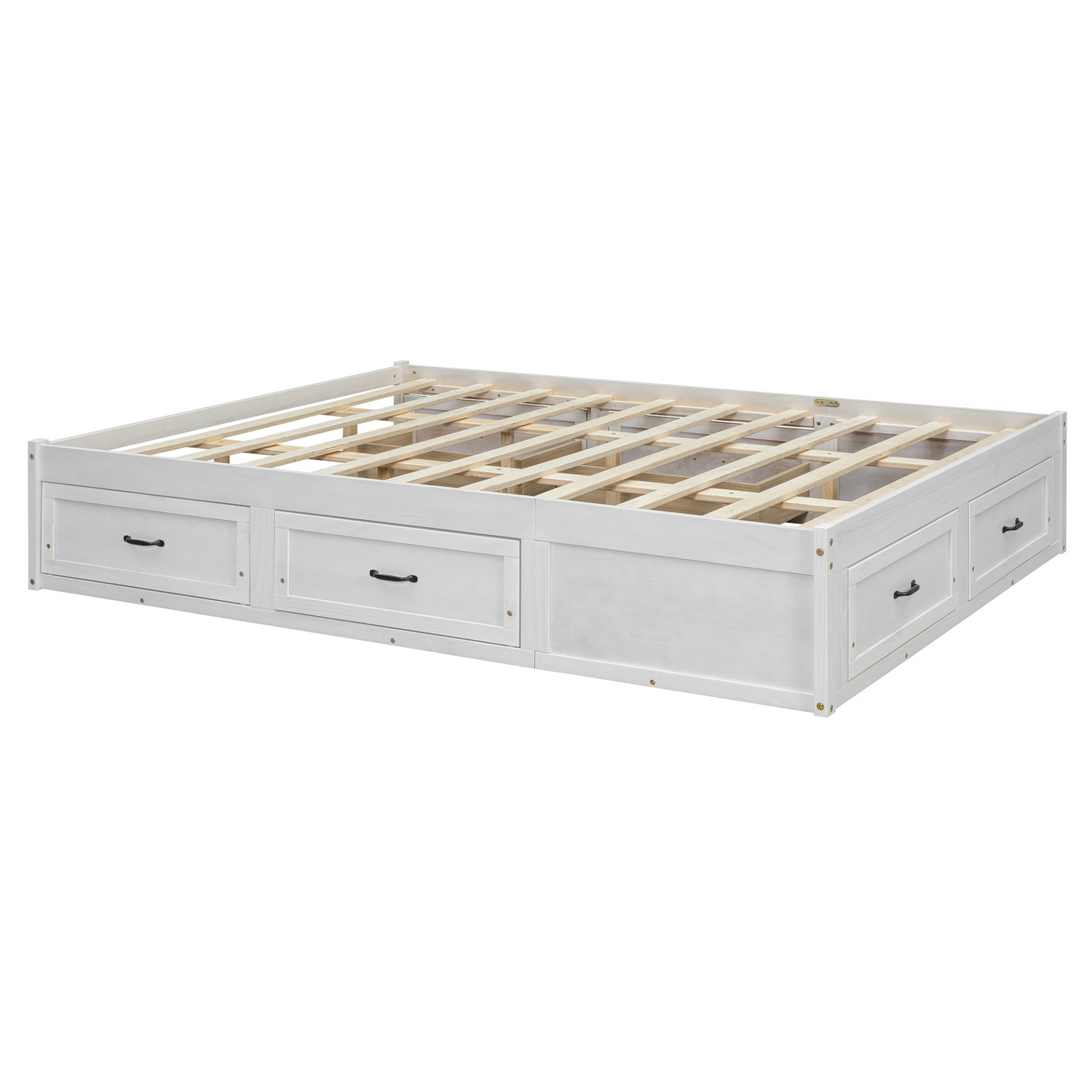 Antique-inspired platform bed with built-in storage drawers from Start2Finish, showcasing a stylish design and practical under-bed storage.
